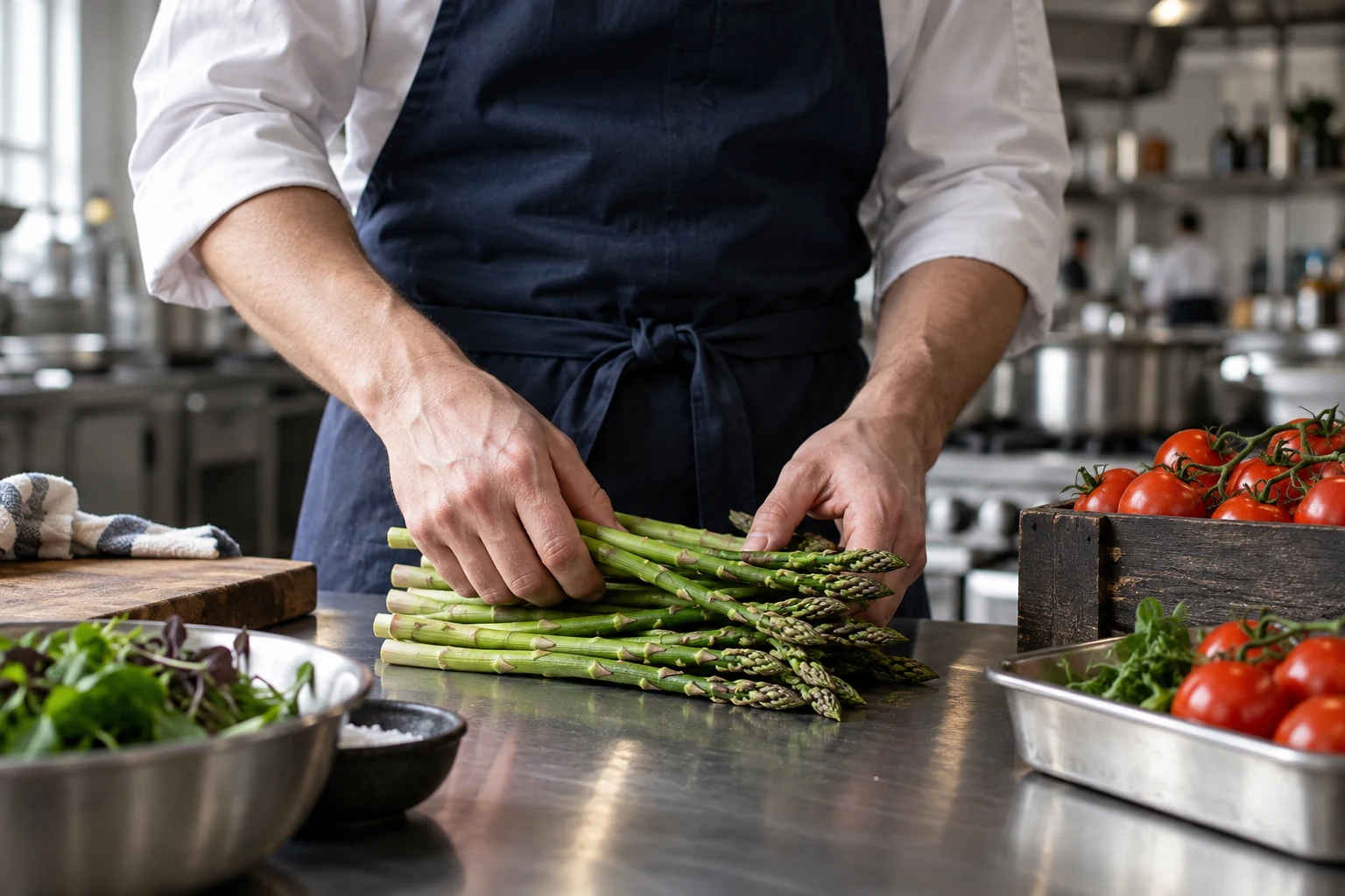 Preparación de ingredientes frescos en una cocina profesional